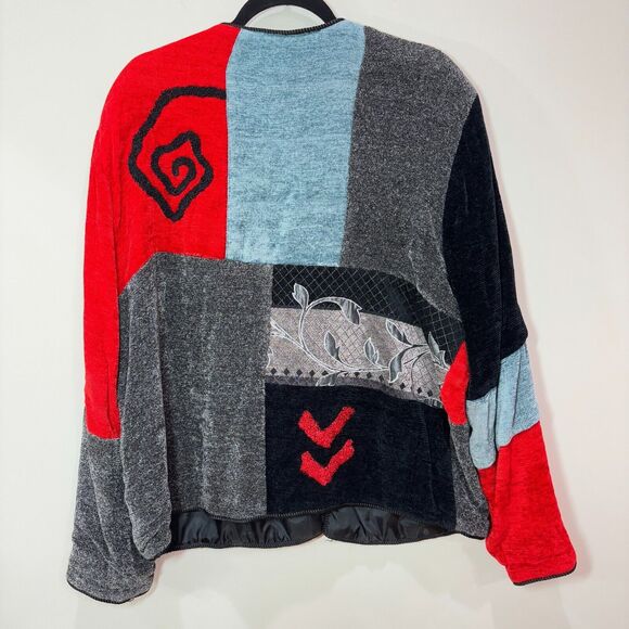 VTG Red Gray Chenille Embroidered Patchwork Jacket Womens XL Artsy 80s Abstract - Picture 4 of 11